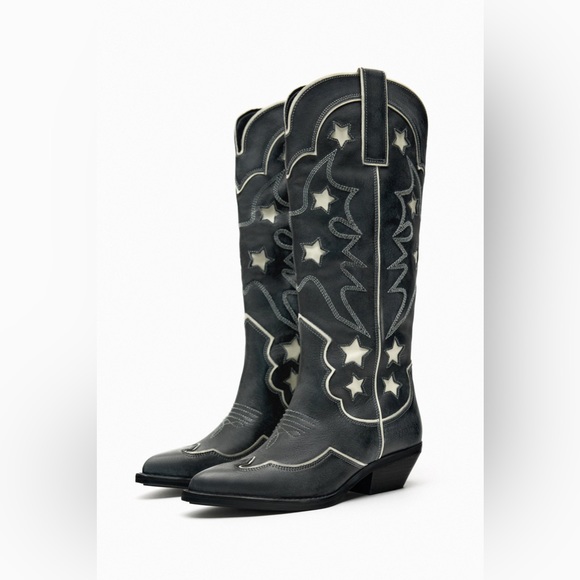 Zara cowboy boots leather western star southwestern cowgirl - Picture 2 of 12